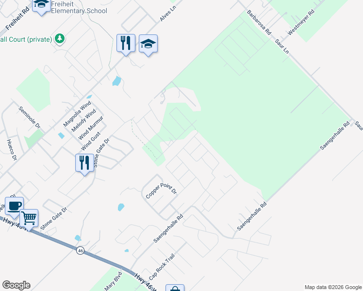 map of restaurants, bars, coffee shops, grocery stores, and more near 505 Sand Trail Street in New Braunfels