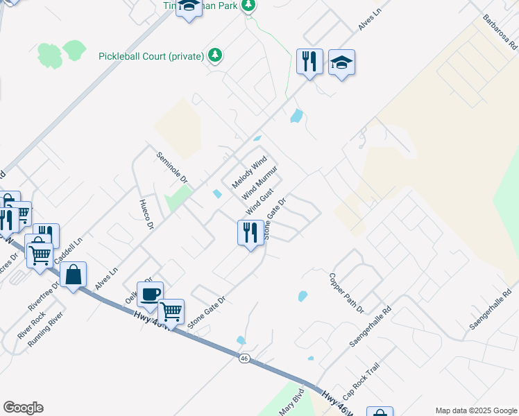 map of restaurants, bars, coffee shops, grocery stores, and more near 442 Wind Gust in New Braunfels