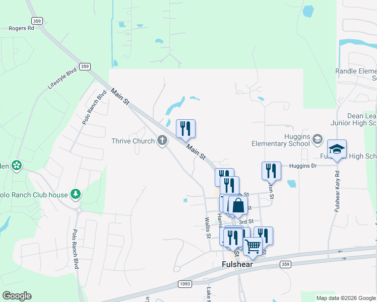 map of restaurants, bars, coffee shops, grocery stores, and more near 7718 Farm to Market 359 in Fulshear