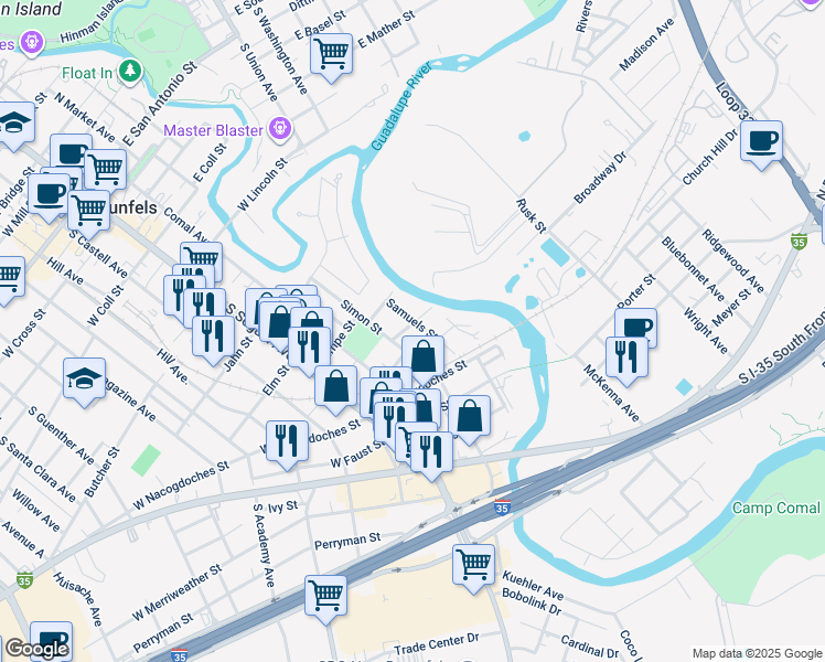map of restaurants, bars, coffee shops, grocery stores, and more near 376 Comanche Street in New Braunfels