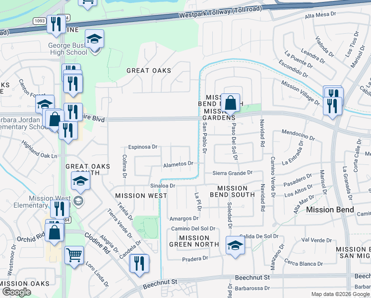 map of restaurants, bars, coffee shops, grocery stores, and more near 16411 Espinosa Drive in Houston