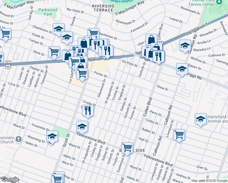 map of restaurants, bars, coffee shops, grocery stores, and more near 6119 Saint Augustine Street in Houston