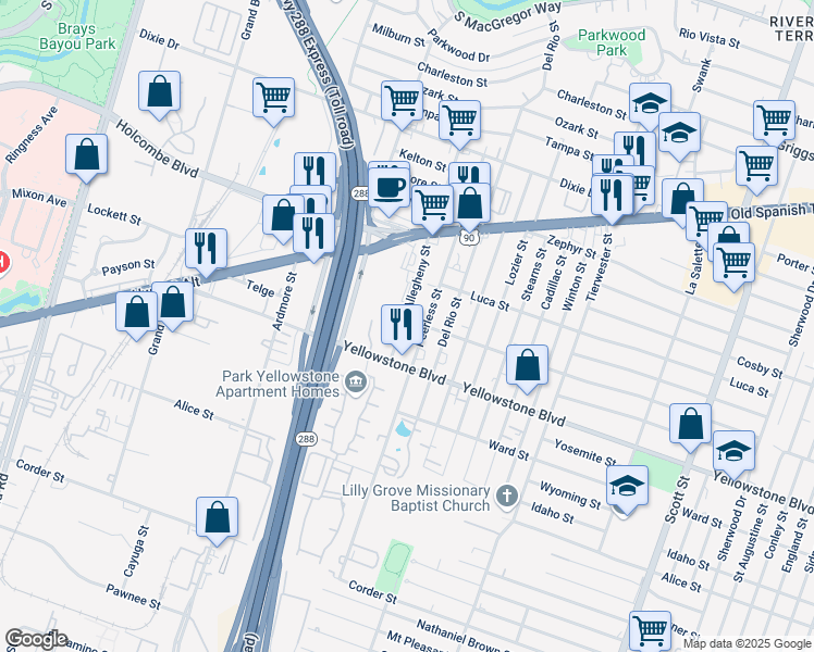 map of restaurants, bars, coffee shops, grocery stores, and more near 6801 Allegheny Street in Houston
