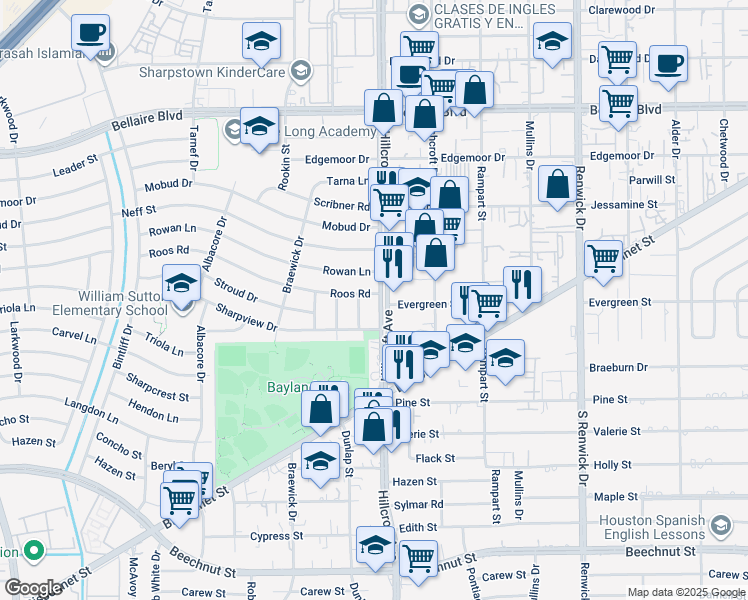 map of restaurants, bars, coffee shops, grocery stores, and more near 7402 Hillcroft Street in Houston