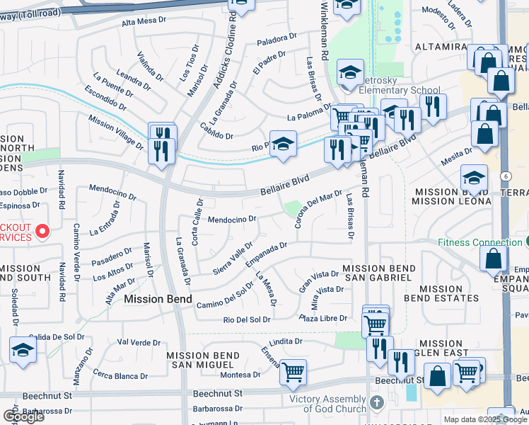 map of restaurants, bars, coffee shops, grocery stores, and more near 15410 Mendocino Drive in Houston