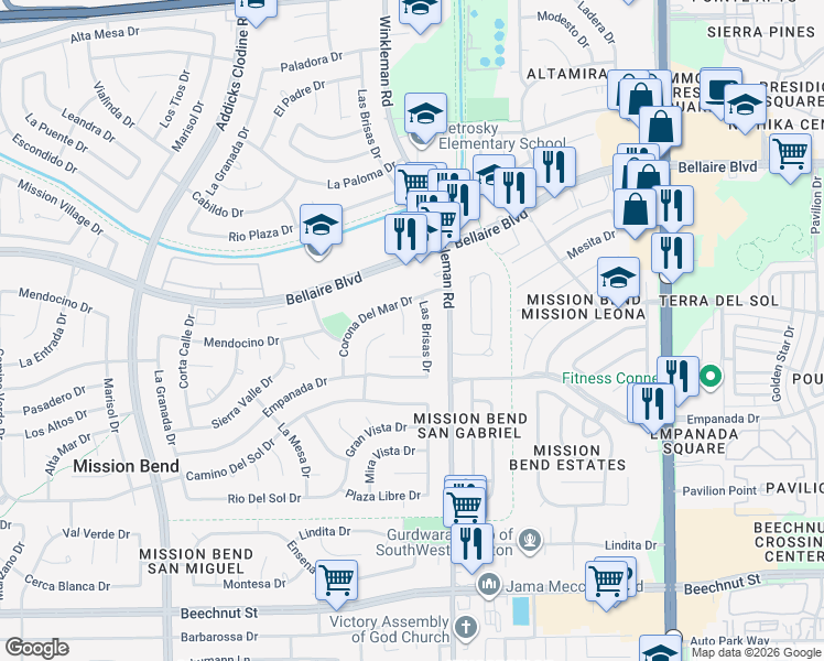 map of restaurants, bars, coffee shops, grocery stores, and more near 7118 Las Brisas Drive in Houston