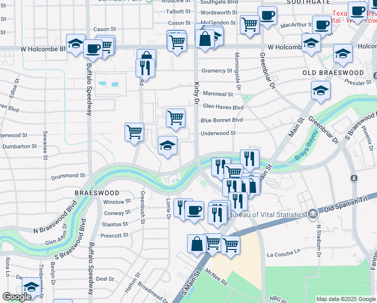 map of restaurants, bars, coffee shops, grocery stores, and more near 7550 Kirby Drive in Houston