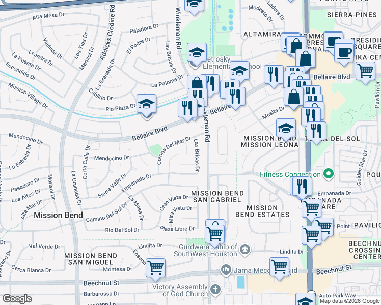 map of restaurants, bars, coffee shops, grocery stores, and more near 7118 Las Brisas Drive in Houston