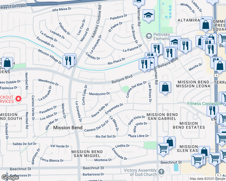 map of restaurants, bars, coffee shops, grocery stores, and more near 15410 Mendocino Drive in Houston