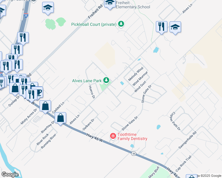 map of restaurants, bars, coffee shops, grocery stores, and more near 1013 Mellow Breeze in New Braunfels