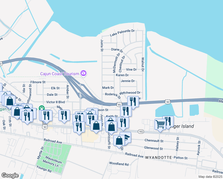 map of restaurants, bars, coffee shops, grocery stores, and more near 908 McDermott Drive in Morgan City