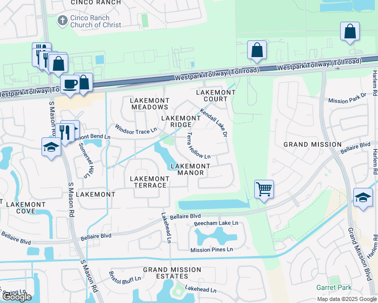 map of restaurants, bars, coffee shops, grocery stores, and more near 20326 Terra Hollow Lane in Richmond