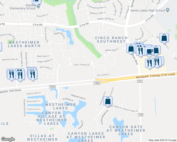 map of restaurants, bars, coffee shops, grocery stores, and more near Sparrow Creek Court in Katy
