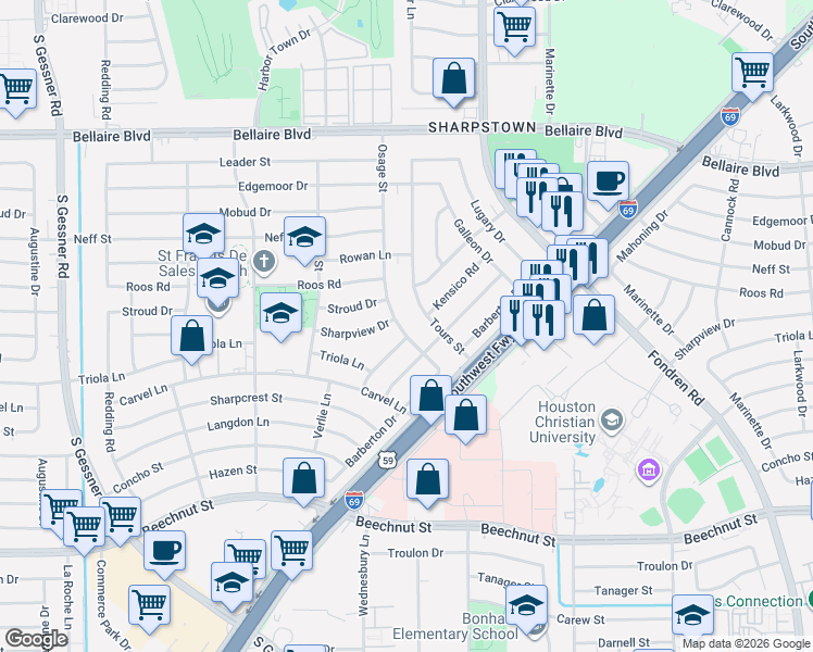 map of restaurants, bars, coffee shops, grocery stores, and more near 7323 Osage Street in Houston
