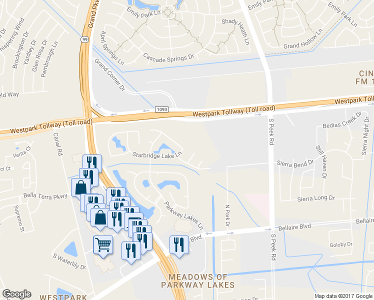 map of restaurants, bars, coffee shops, grocery stores, and more near 23403 Starbridge Lake Lane in Richmond