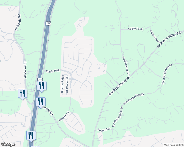 map of restaurants, bars, coffee shops, grocery stores, and more near 2814 Trinity Villas in San Antonio