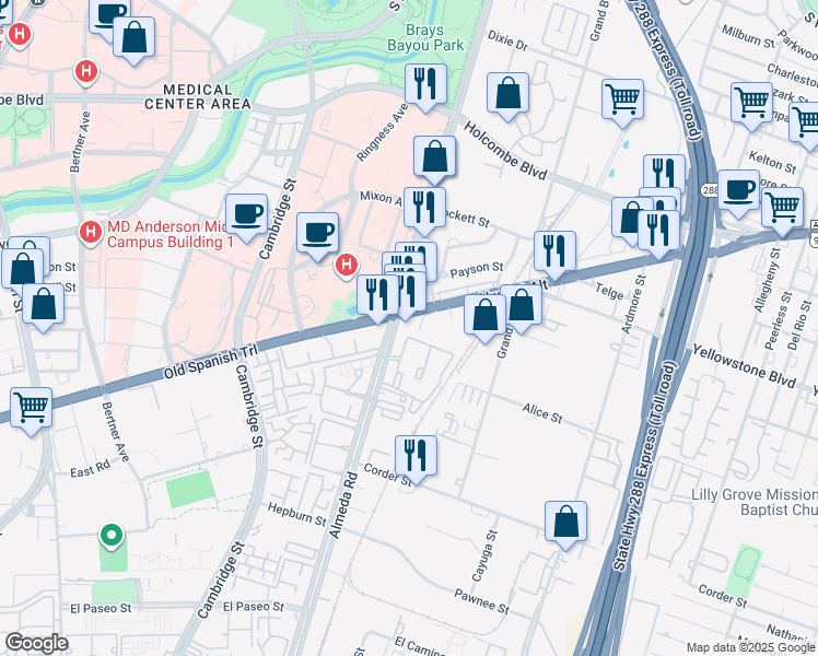 map of restaurants, bars, coffee shops, grocery stores, and more near 2800 Old Spanish Trail in Houston