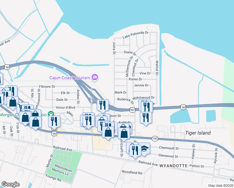 map of restaurants, bars, coffee shops, grocery stores, and more near 3004 Mark Drive in Morgan City