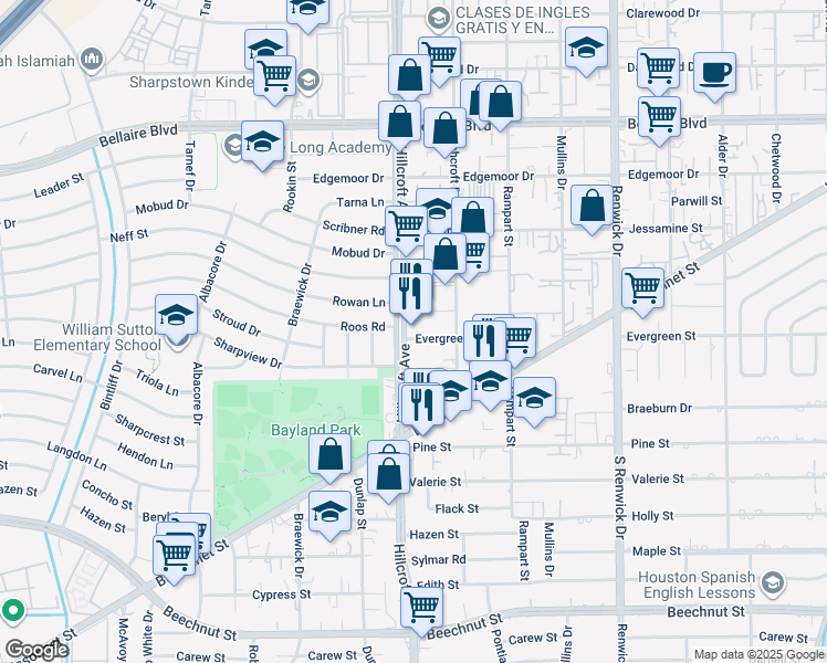 map of restaurants, bars, coffee shops, grocery stores, and more near 7402 Hillcroft Street in Houston
