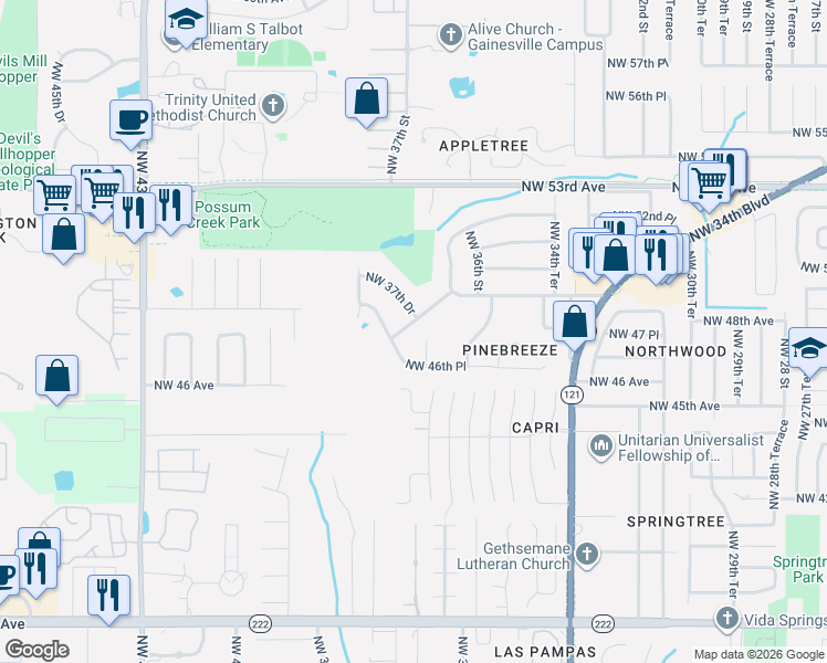 map of restaurants, bars, coffee shops, grocery stores, and more near 3713 Northwest 49th Lane in Gainesville