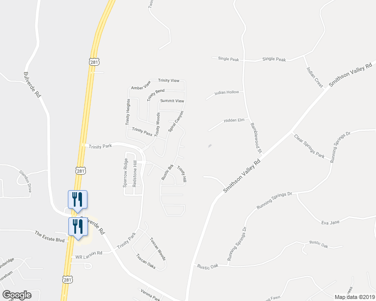 map of restaurants, bars, coffee shops, grocery stores, and more near 2814 Trinity Villas in San Antonio