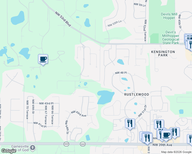map of restaurants, bars, coffee shops, grocery stores, and more near 4752 Northwest 59th Street in Gainesville