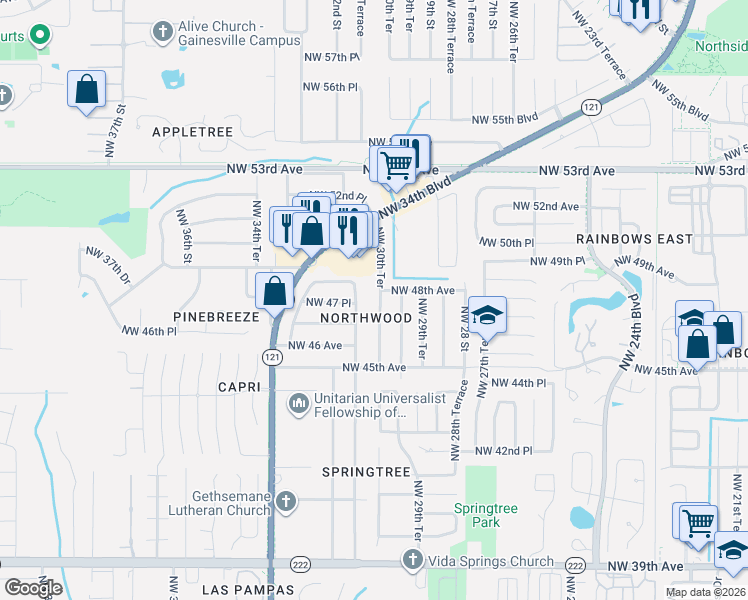 map of restaurants, bars, coffee shops, grocery stores, and more near 4726 Northwest 30th Terrace in Gainesville