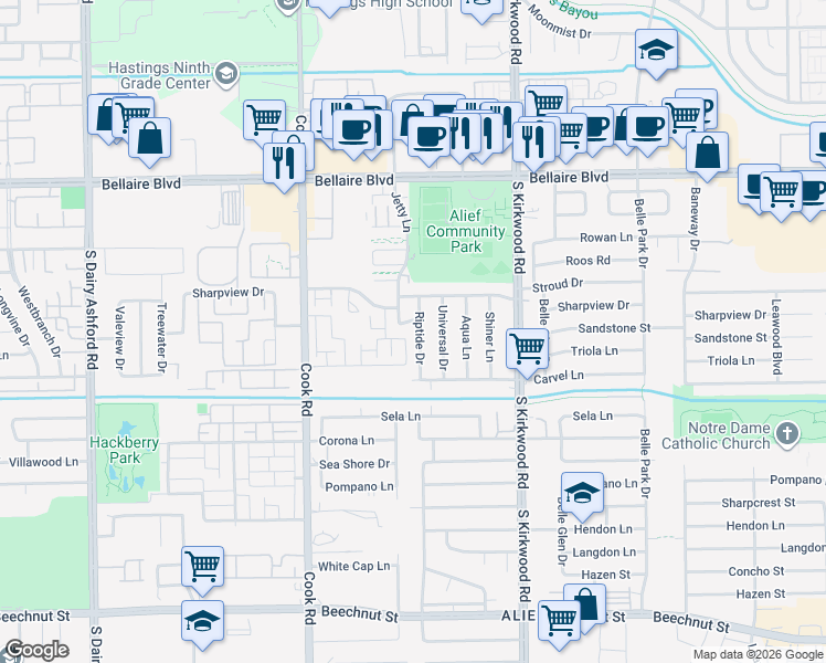 map of restaurants, bars, coffee shops, grocery stores, and more near 7326 Riptide Dr in Houston