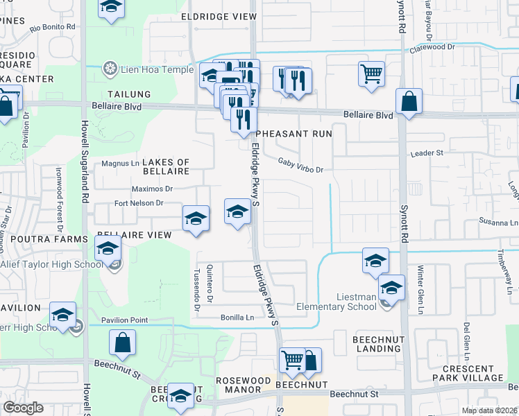 map of restaurants, bars, coffee shops, grocery stores, and more near 7322 Puerta Vallarta Drive in Houston