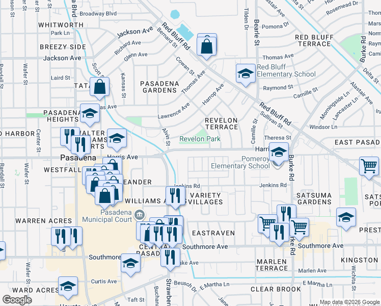 map of restaurants, bars, coffee shops, grocery stores, and more near 1420 Harris Avenue in Pasadena