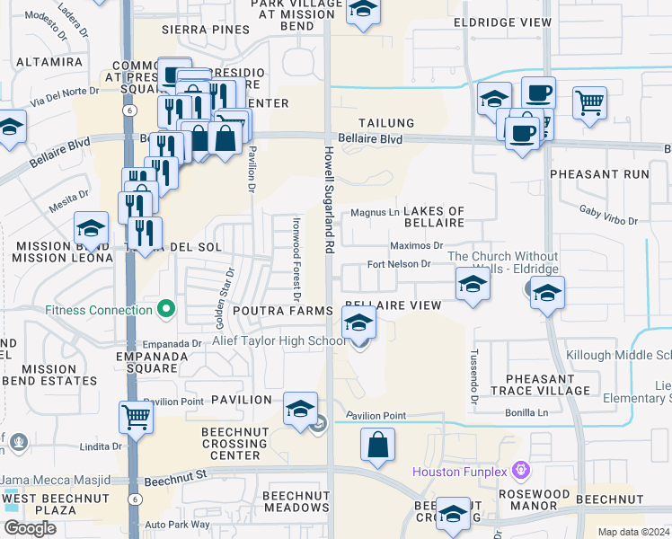 map of restaurants, bars, coffee shops, grocery stores, and more near 7210 Crescent Mills Drive in Houston