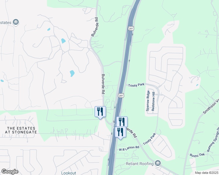 map of restaurants, bars, coffee shops, grocery stores, and more near 26950 Bulverde Road in San Antonio