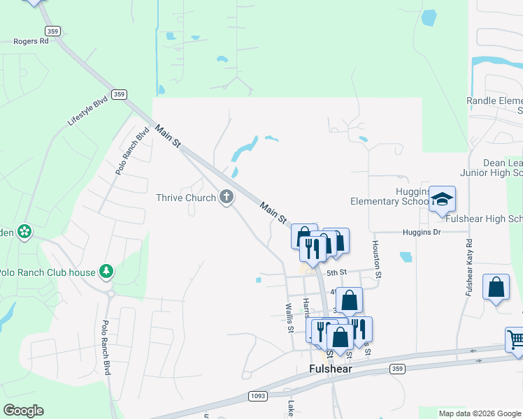 map of restaurants, bars, coffee shops, grocery stores, and more near 7718 Farm to Market 359 in Fulshear