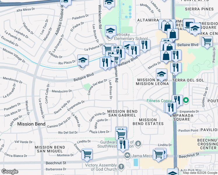 map of restaurants, bars, coffee shops, grocery stores, and more near 7118 Las Brisas Dr in Houston