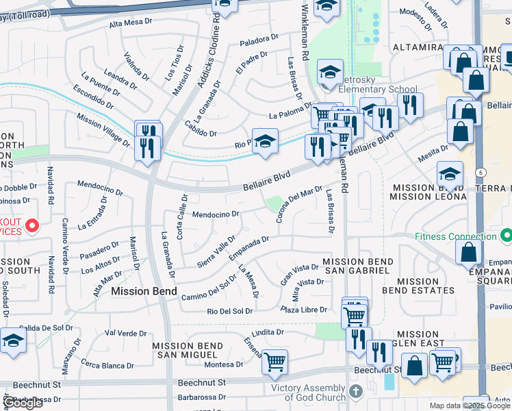 map of restaurants, bars, coffee shops, grocery stores, and more near 15410 Mendocino Drive in Houston
