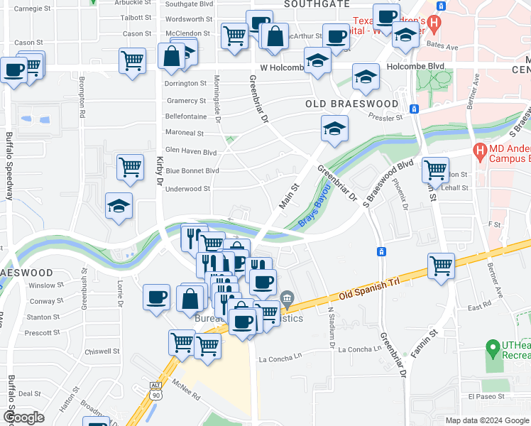 map of restaurants, bars, coffee shops, grocery stores, and more near 7516 Morningside Drive in Houston