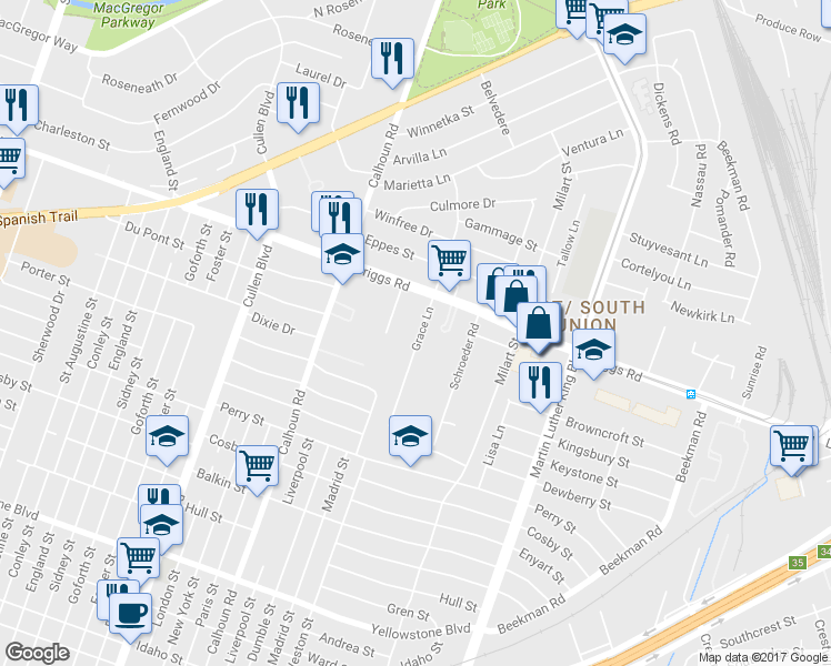 map of restaurants, bars, coffee shops, grocery stores, and more near 5902 Grace Lane in Houston