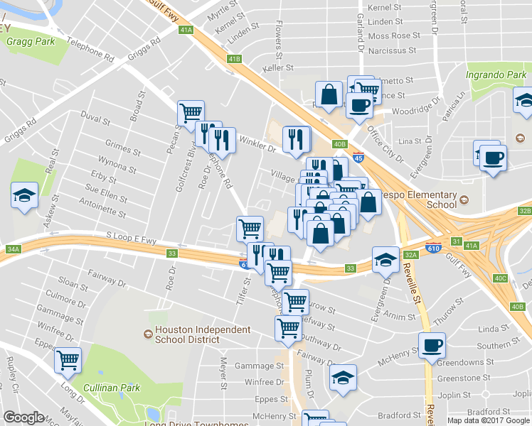 map of restaurants, bars, coffee shops, grocery stores, and more near 7010 Plum Creek Terrace Lane in Houston