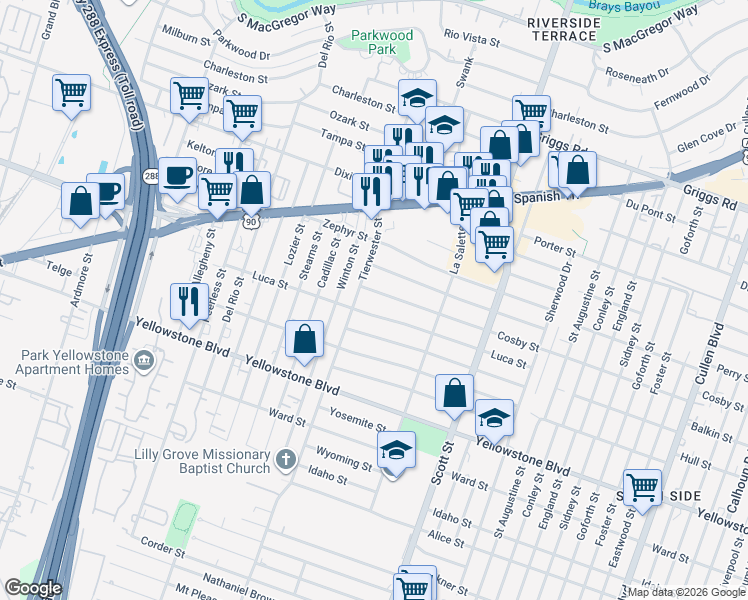 map of restaurants, bars, coffee shops, grocery stores, and more near 3603 Luca Street in Houston