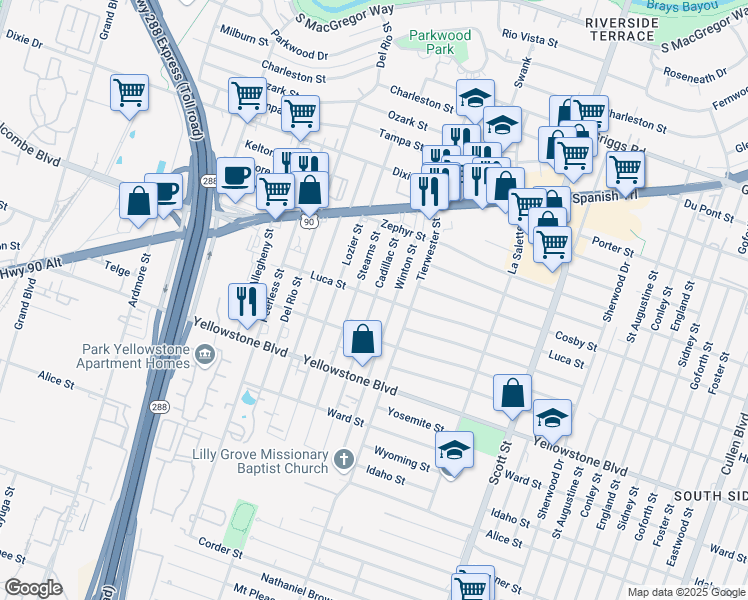 map of restaurants, bars, coffee shops, grocery stores, and more near 6654 Winton Street in Houston
