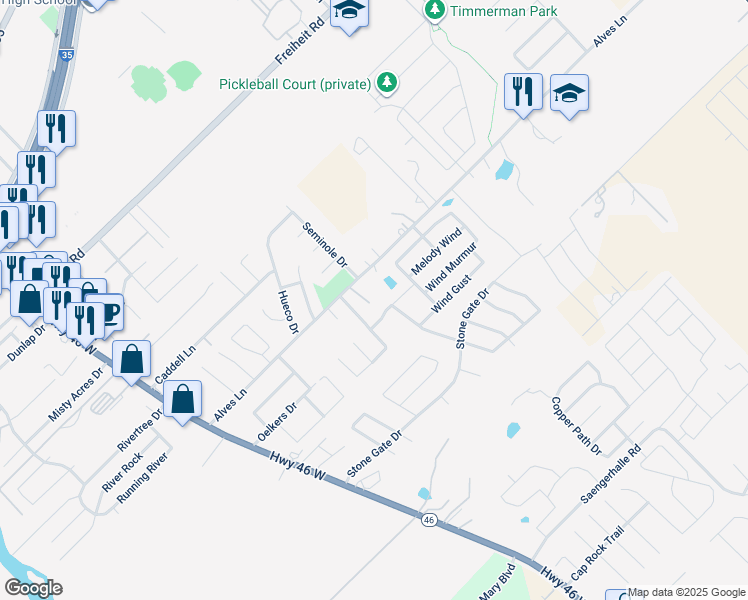map of restaurants, bars, coffee shops, grocery stores, and more near 1013 Mellow Breeze in New Braunfels