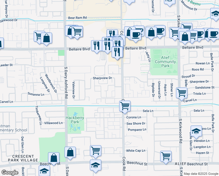 map of restaurants, bars, coffee shops, grocery stores, and more near 7150 Crownwest Street in Houston