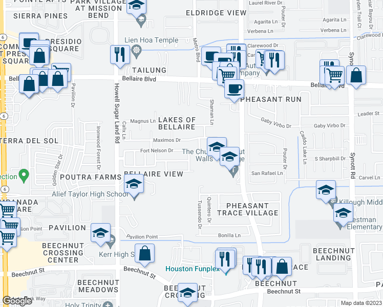 map of restaurants, bars, coffee shops, grocery stores, and more near 7211 Glacier Creek Lane in Houston