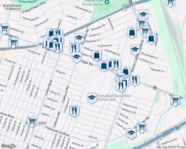 map of restaurants, bars, coffee shops, grocery stores, and more near 5902 Grace Lane in Houston