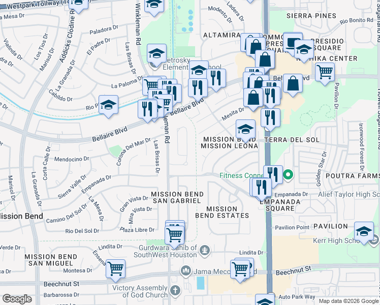 map of restaurants, bars, coffee shops, grocery stores, and more near 7131 Rio Blanco Drive in Houston