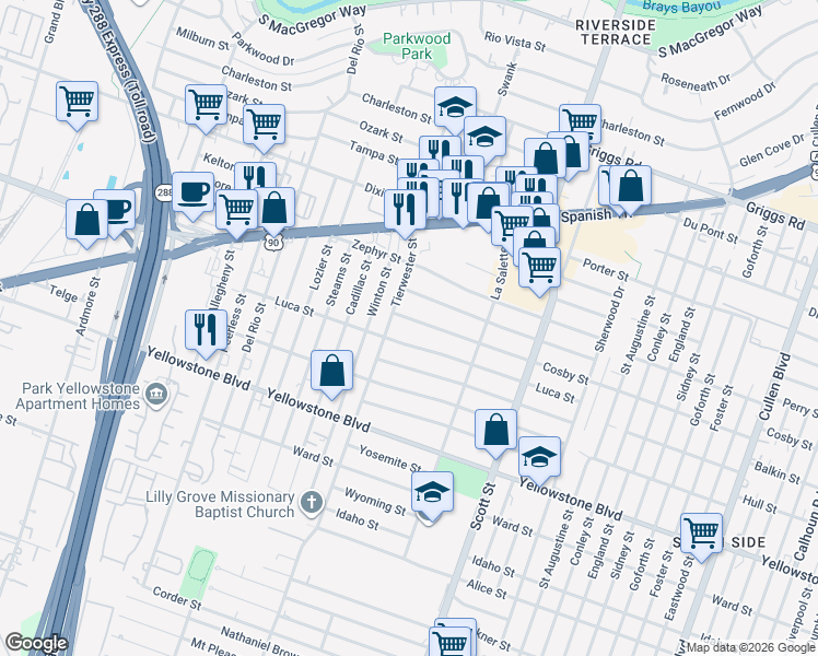 map of restaurants, bars, coffee shops, grocery stores, and more near 3603 Luca Street in Houston