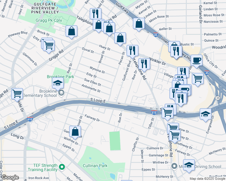 map of restaurants, bars, coffee shops, grocery stores, and more near 3223 Pecan Street in Houston