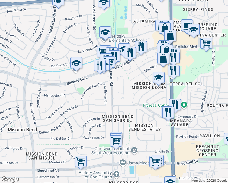 map of restaurants, bars, coffee shops, grocery stores, and more near 7203 Winkleman Road in Houston