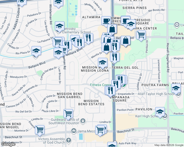 map of restaurants, bars, coffee shops, grocery stores, and more near 7322 Rancho Mission Dr in Houston