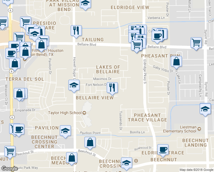 map of restaurants, bars, coffee shops, grocery stores, and more near 13903 Fort Nelson Drive in Houston